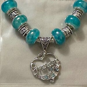 Stainless Steel Chain w/Iridescent Blue Beads, “Grandma” Charm. Handcrafted.